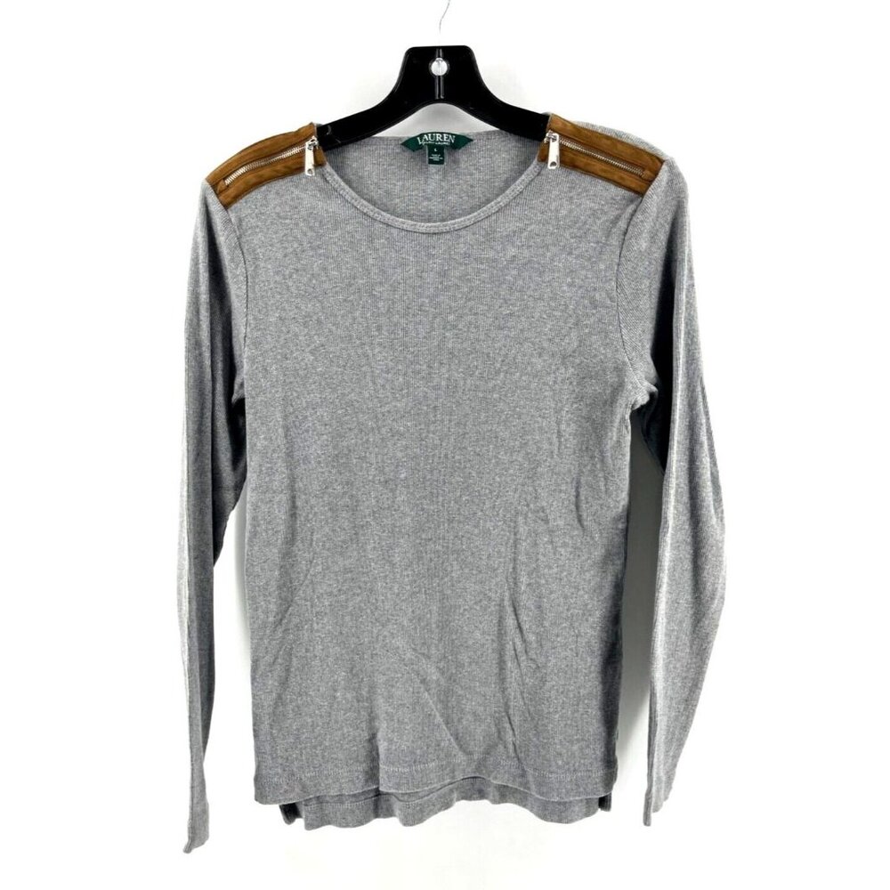 Lauren Ralph Lauren Gray Knit Top Shirt Suede Zipper Shoulders Size Large